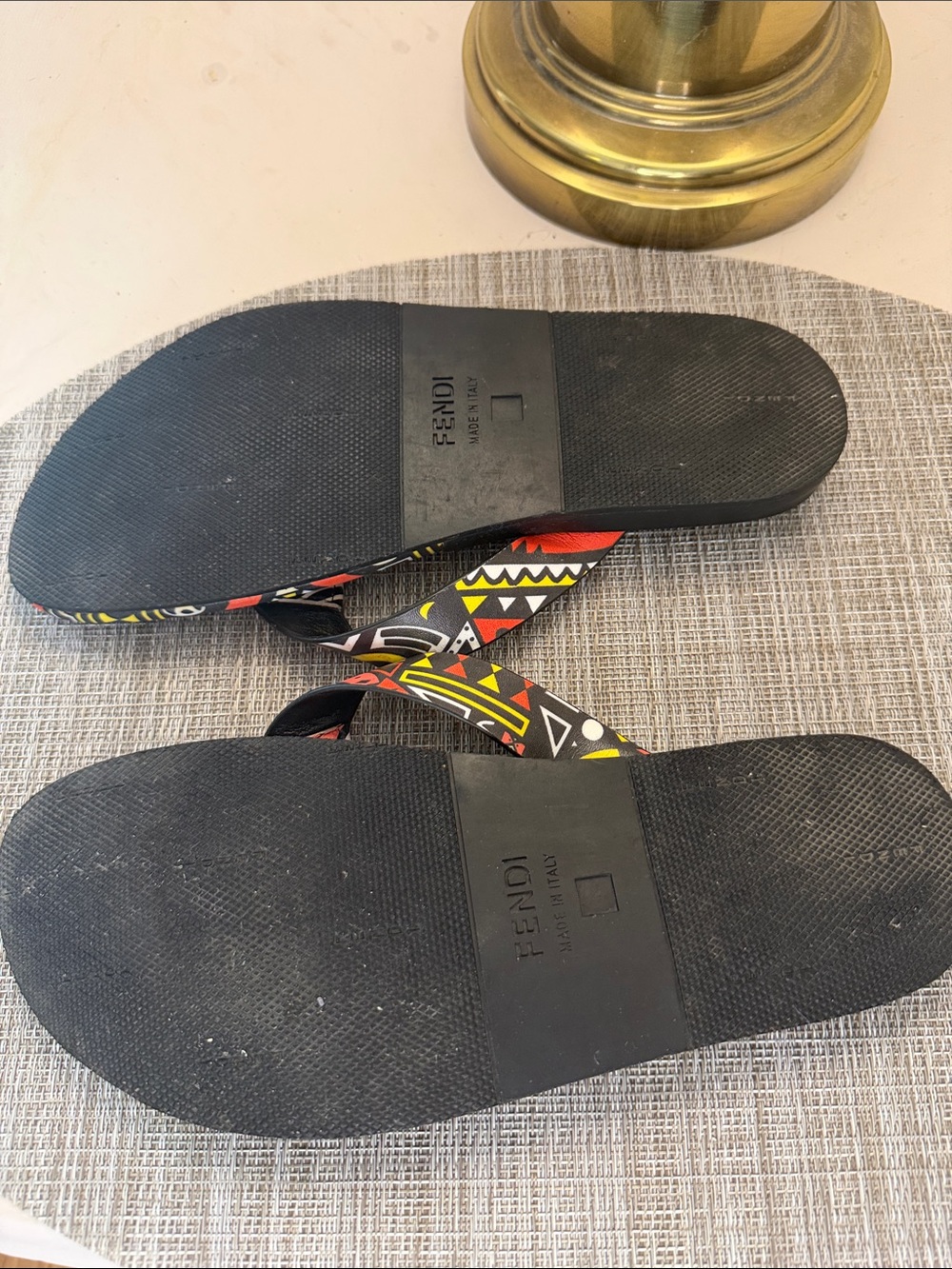 Fendi Black Tribal-Print Thong Sandals with Red, Yellow & White Accents - Picture 6 of 6